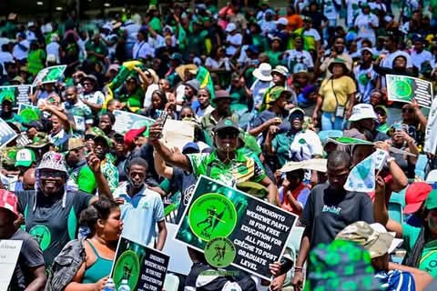 Umkhonto we Sizwe Party members gather to celebrate the party's one-year anniversary, marking a significant milestone in the party's history.
