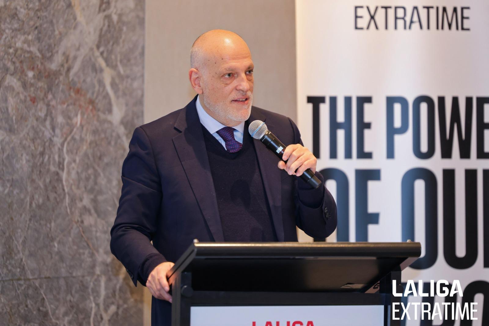 La Liga president, Javier Tebas stating that they are against the registration of Dani Olmo. Image: Javier Tebas shared via X.