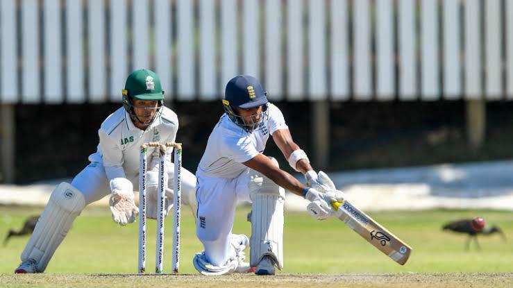 Aaryan Sawant remained unbeaten on 83, leading England U19s to a crucial first-innings lead on day two of the Youth Test in Cape Town. Image: MSN.