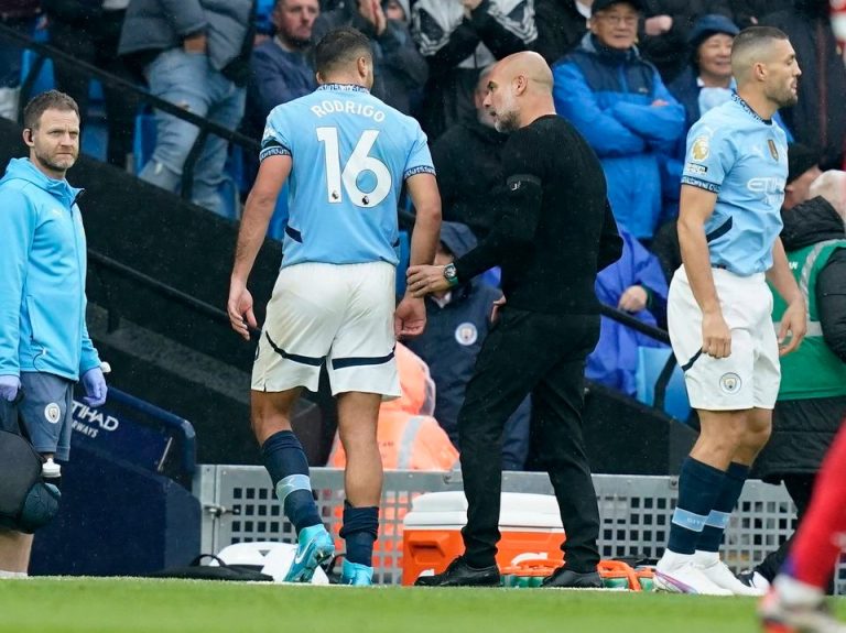 Guardiola has explained why Rodri was included in UCL squad, Man City midfielder Rodri and Pep Guardiola pictured on March 3, 2024. Image: Pulse Sports.