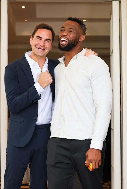 Roger Federer and Siya Kolisi visit Salani Primary School in Mpumalanga, inspiring young learners and promoting the power of community in education. Image: Sowetan Live.