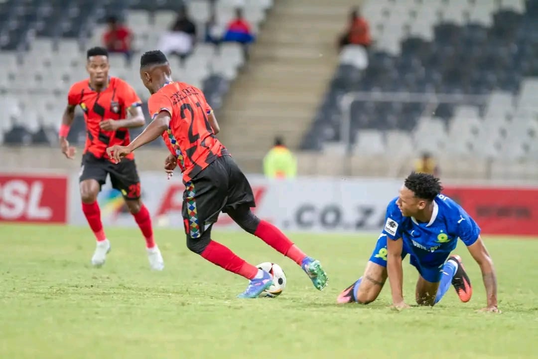 Kamogelo Sebelebele performing miracles for TS Galaxy against Mamelodi Sundowns in the Betway Premiership match at Mbombela Stadium, February 11. Image: TS Galaxy shared via Facebook.