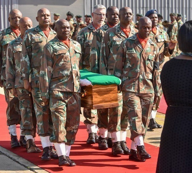 Soldiers bear the coffin of a colleague, killed in DR Congo, at Air Force Base Waterkloof on Thursday. Image: SA Defence.