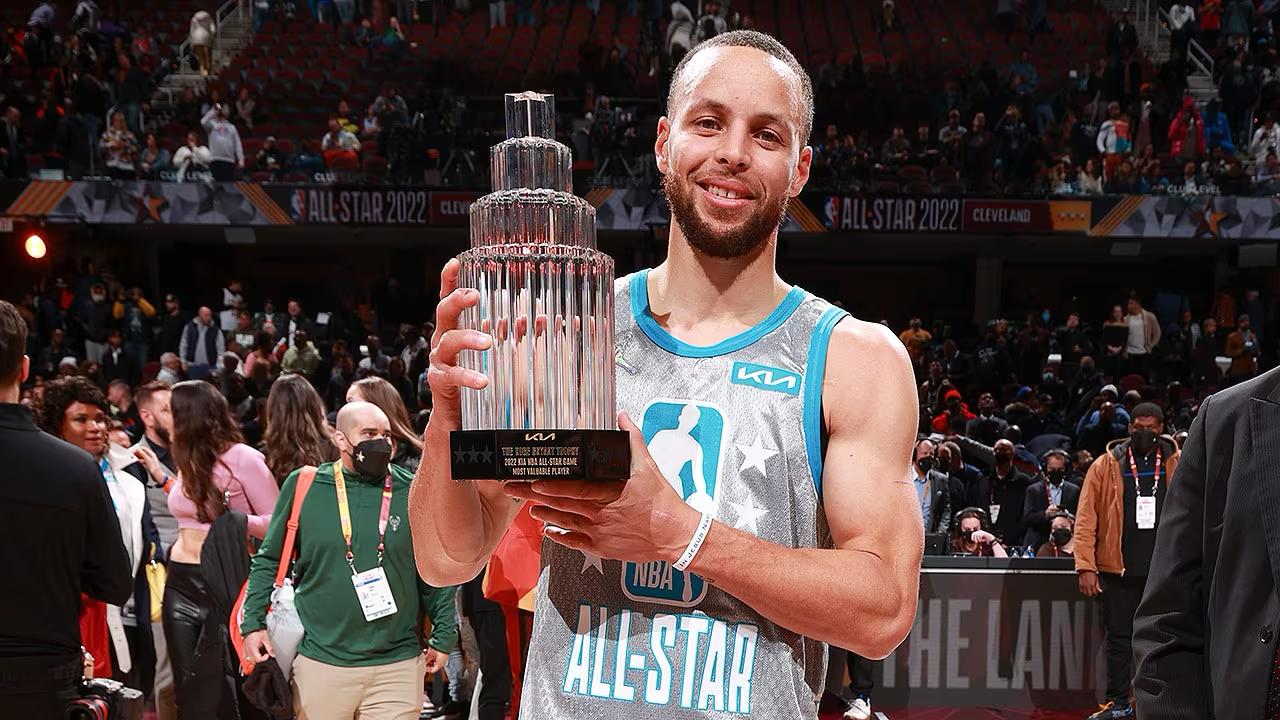 Stephen Curry celebrates his MVP win at the 2025 NBA All-Star Game. Image credit: NBA.