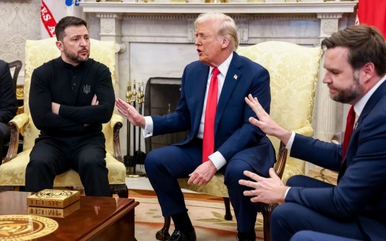 Volodymyr Zelensky, Ukraine's president, from left, US President Donald Trump, and Vice President JD Vance speak to each other during a meeting in the Oval Office of the White House in Washington, DC, 28 February 2025. Photo: Getty Images
