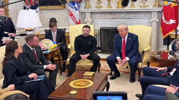 Ukrainian President Volodymyr Zelenskyy in meeting with US President Donald Trump and Vice President Jame Vance at the White House’s Oval Office. Image: AP.