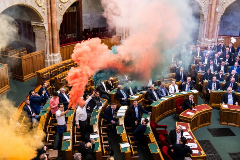Protesters take to the streets of Budapest after Hungary passes a controversial law banning Pride events and enabling facial recognition surveillance of attendees. Image credit: Marton Monus/REUTERS