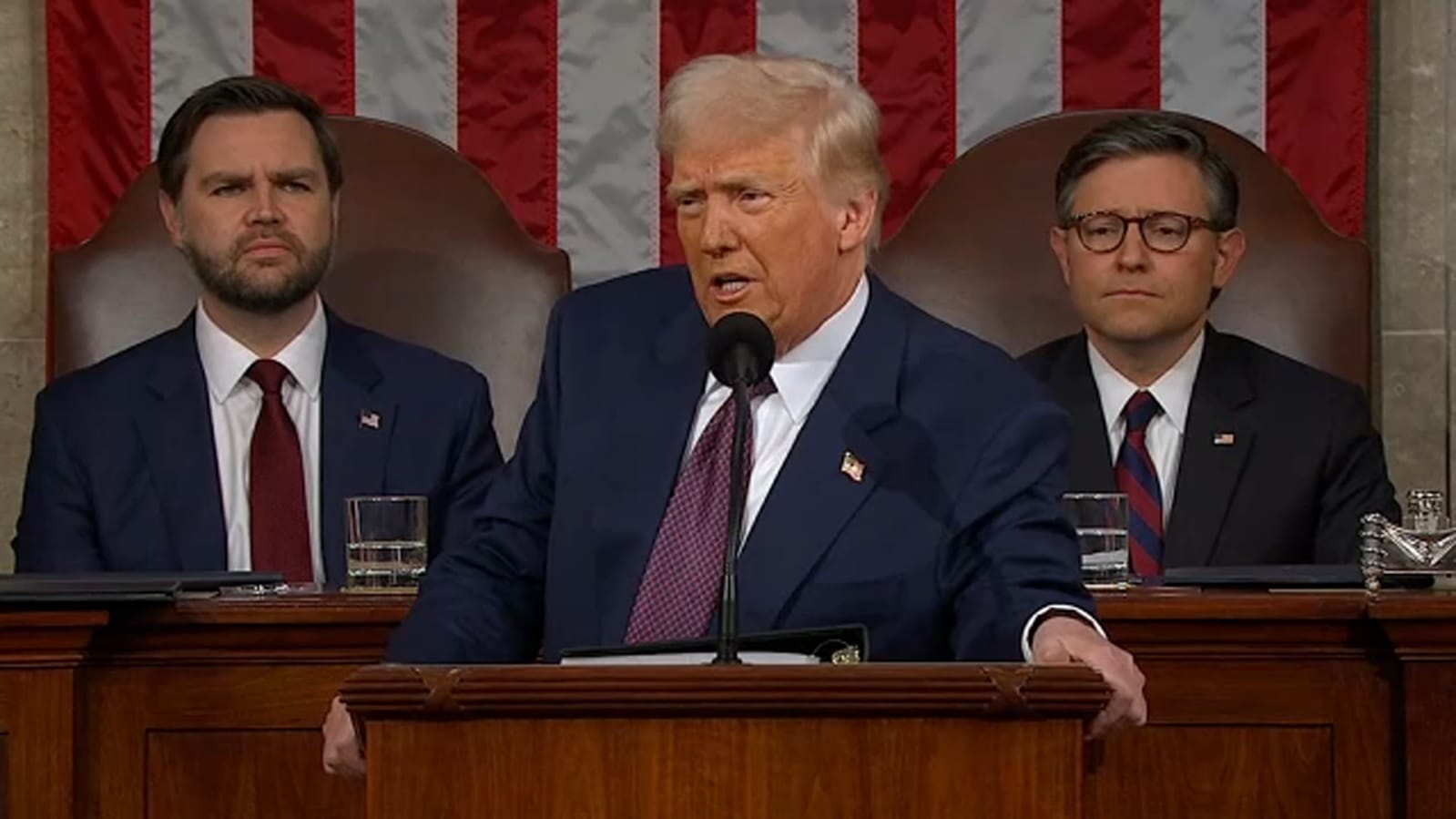 President Donald Trump addresses Congress proclaiming that his administration was "just getting started," boasting of the bold actions taken within his first weeks back in power. Image: ABC7.