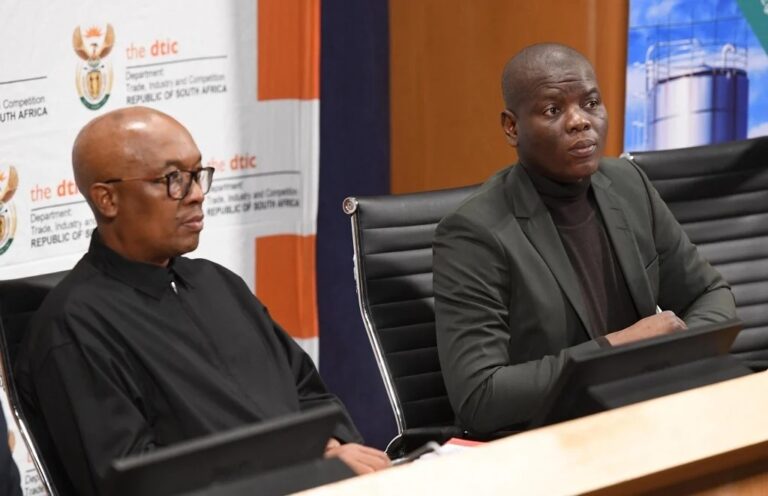 International Relations Minister Ronald Lamola (right) and Trade and Industry Minister Parks Tau (left) briefed the media in Midrand on Friday on the US tariff hikes, photo: X@/DIRCO_ZA