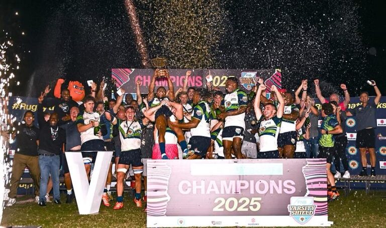 FNB Varsity College players celebrate their 2025 Varsity Shield victory at their home ground in Durban. Image: Varsity Cup.
