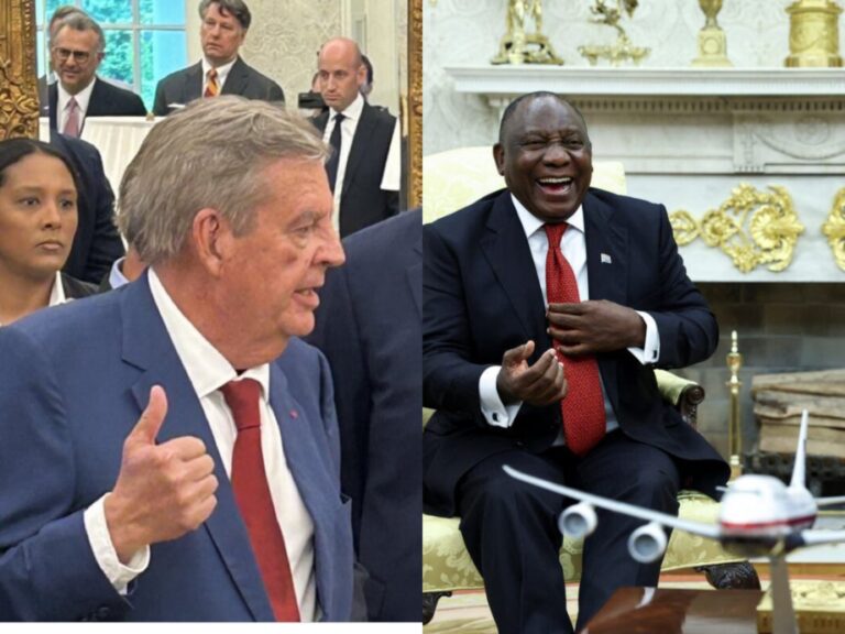 South African President Cyril Ramaphosa and U.S. President Donald Trump face off in the Oval Office on May 21, 2025, during a tense exchange over claims of violence against white farmers, as billionaire Johann Rupert and other high-profile figures look on.