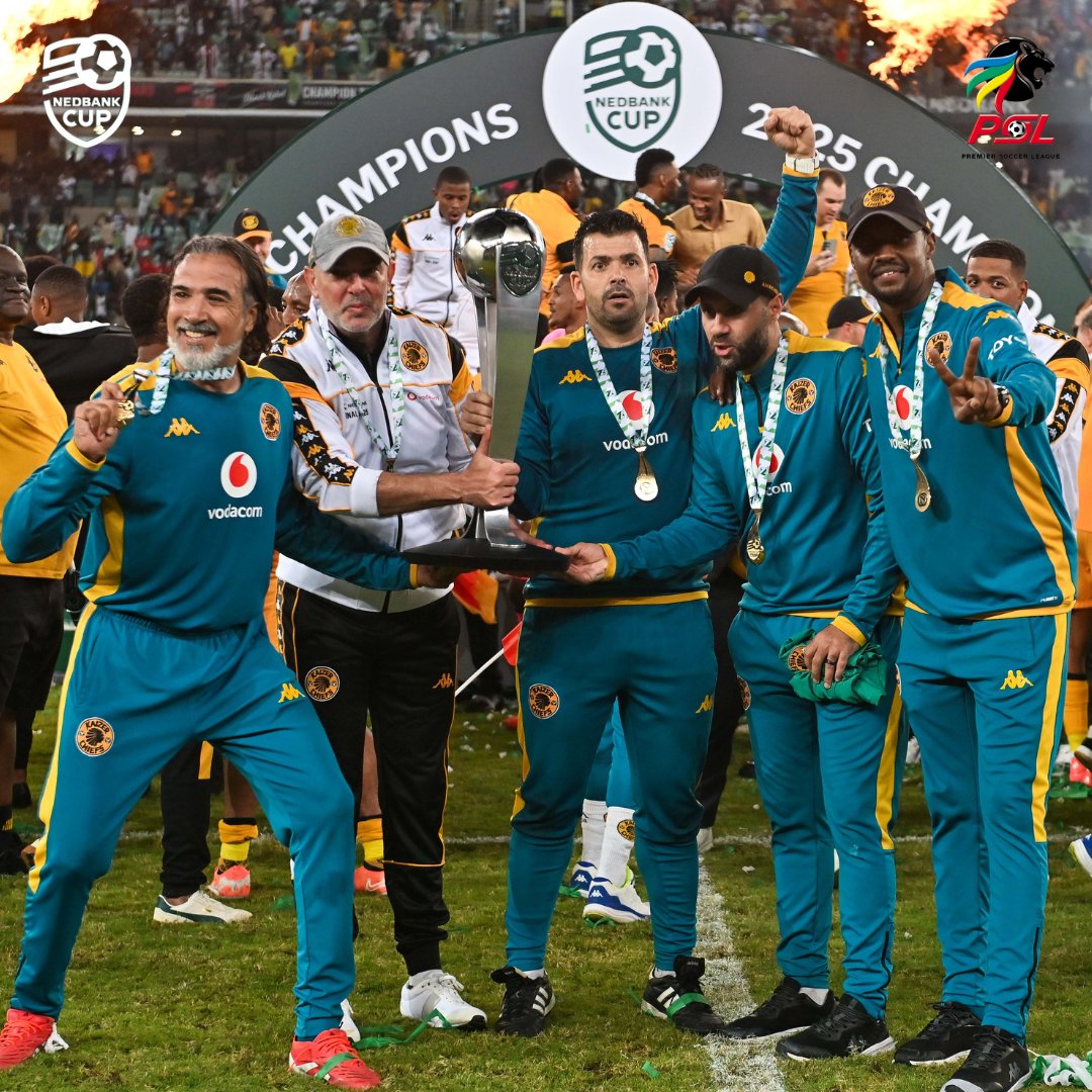 The about to be sacked current Nedbank champions. Kaizer Chiefs Coach, Nasreddine Nabi and his technical support. Image credit: Kaizer Chiefs on X