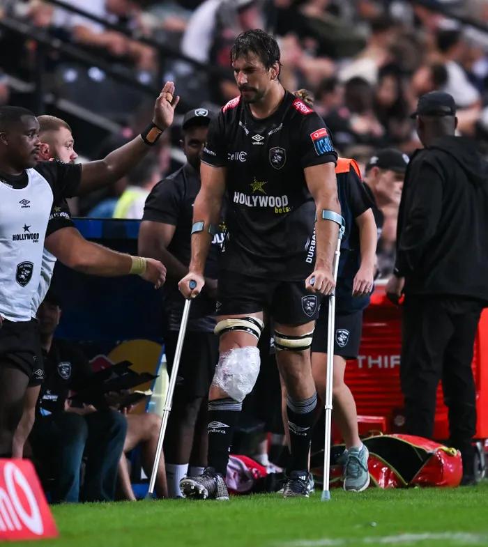 Eben Etzebeth was spotted on crutches after limping off the field during the Sharks' victory over the Ospreys. Source image: IOL