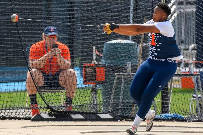 Phethisang Makhethe celebrates a record-breaking throw at the Big Ten Championships in Eugene, Oregon. Image: University of Illinois.