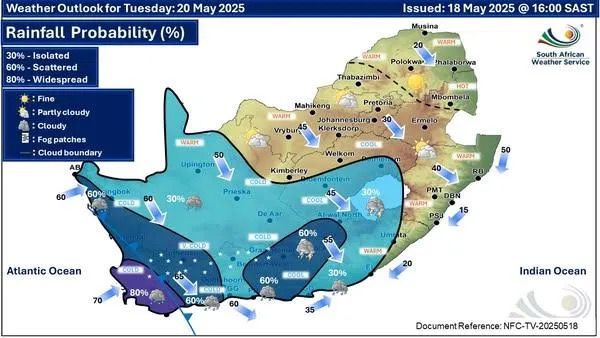 SA Tuesday weather predictions. Image: SAWS.