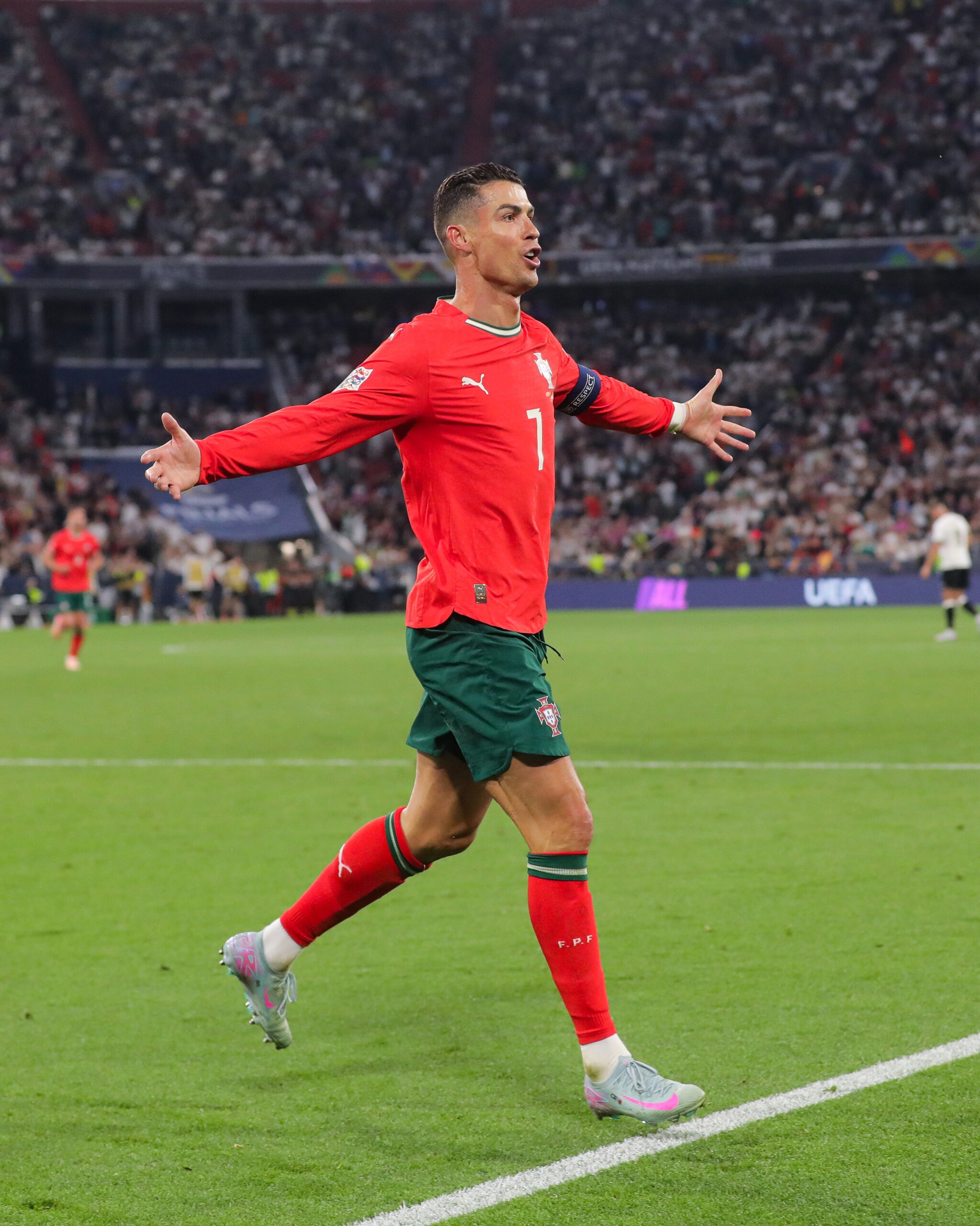 Cristiano Ronaldo scoring a winning goal for the national team, Portugal, booking a ticket to the UEFA Nations League final over Germany. Source image: UEFA EURO
