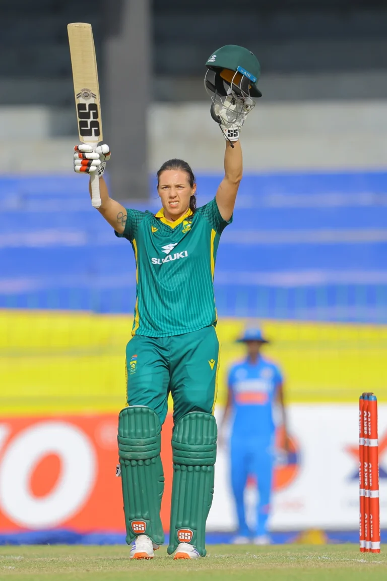 Tazmin Brits raises her bat after a match-winning 98, steering South Africa to a dominant win in Barbados. Image: SLC.