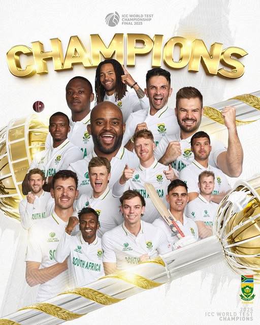 South Africa’s Aiden Markram celebrates his match-defining century as the Proteas claim the World Test Championship title at Lord’s. Source image: CSA