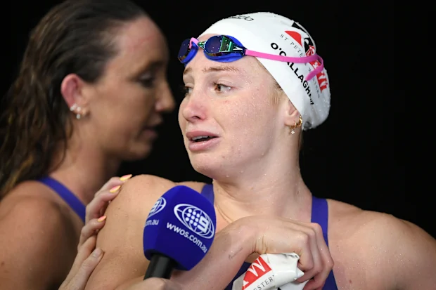 Mollie O’Callaghan was emotional after winning the 200m freestyle at the Australian trials, posting the fastest time of the year. Image: Delly Carr/Swimming Australia.