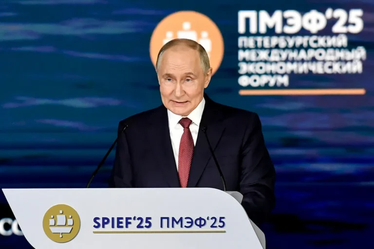 Russia's President Vladimir Putin gives a speech during the Saint Petersburg International Economic Forum (SPIEF) in Saint Petersburg, Russia, on June 20, 2025. (Olga Maltseva/Getty Images)