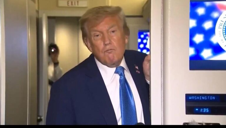 U.S. President Donald Trump speaks to reporters aboard Air Force One after abruptly leaving the G7 summit in Canada, declaring he is not seeking a ceasefire in the Iran-Israel conflict but demanding a “real end” to Iran’s nuclear programme. Image: CBS News.