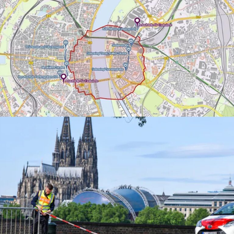 Municipal workers restricting access to Cologne’s Rhine promenade.
