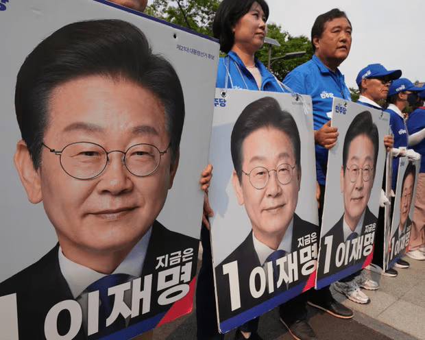 Banners showing South Korea's new president, Lee Jae-myung. Image: Lee Jin-man/AP.