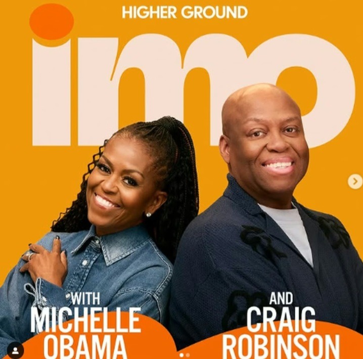 Michelle Obama and her brother Craig Robinson in promotional material for their new podcast, "IMO" Produced by Higher Ground. Credit: Higher Ground Productions