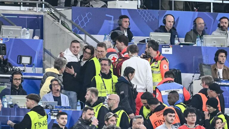 Emergency responders and stewards attend to the scene after a fan fell from the second tier into the media area during the UEFA Nations League final between Portugal and Spain at Munich’s Allianz Arena, Germany, Sunday, June 8, 2025. Image: X via NDTV Sports.