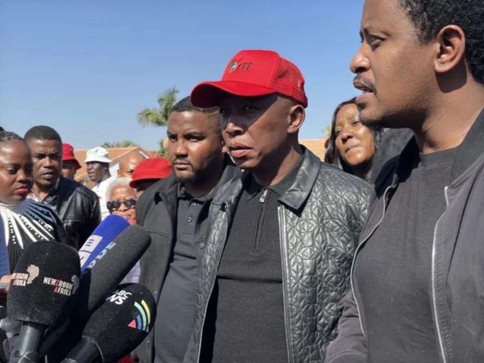 EFF Leader Malema addresses "blaBlackity" calls outside Presley Chwenyagae's home. SABC News via IOL.