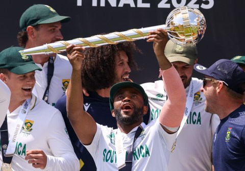Proteas skipper Temba Bavuma holds the mace, the prize for winning the World Test Championship final. Bavuma scored a crucial 102 runs in the match in his two innings. (Photo: Paul Harding/Gallo Images)