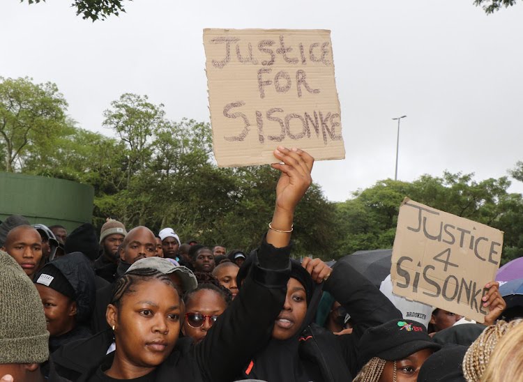 Walter Sisulu University students welcoming the family of the late Sisonke Mbolekwa at the Nelson Mandela Drive campus in Mthatha. Image: Lulamile Feni.