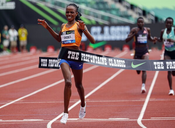 Beatrice Chebet after her near-record-breaking 5000m performance at the Rome Diamond League. Image: AP Photo/ Thomas Boyd.
