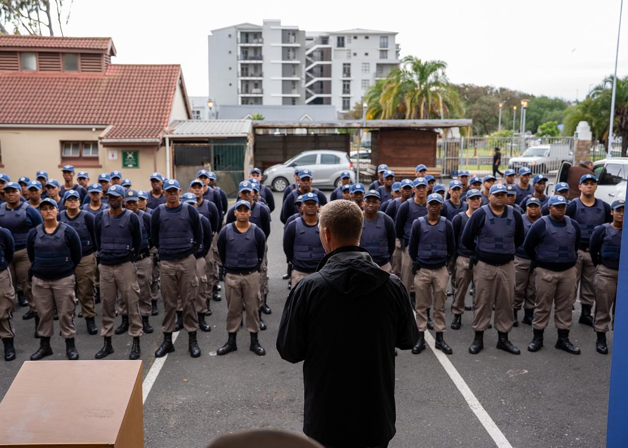 Mayoral Committee Member for Safety and Security Alderman JP Smith addresses the new police recruits on Thursday, 24 July 2025.