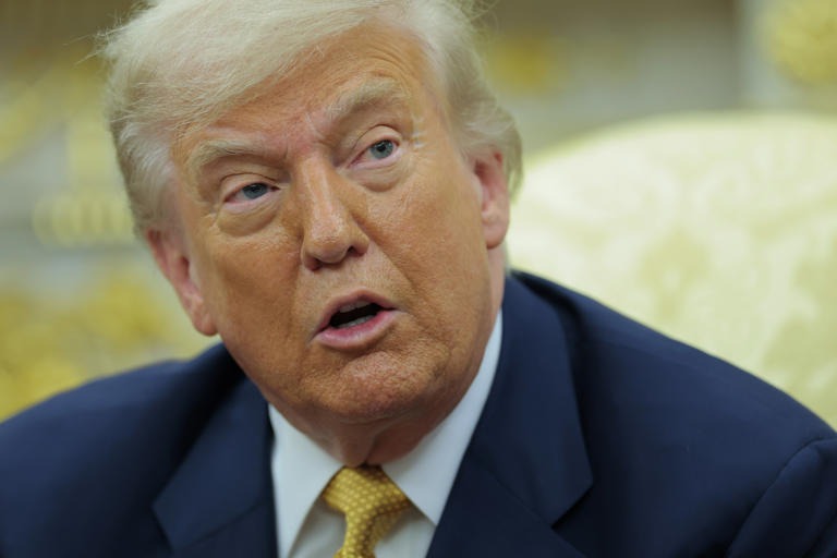Picture of President Donald Trump speaking to the press during a meeting with Bahrain’s Crown Prince, Salman bin Hamad Al Khalifa, held in the Oval Office at the White House on July 16, 2025, in Washington, D.C. [Anna Moneymaker/GETTY via Newsweek]