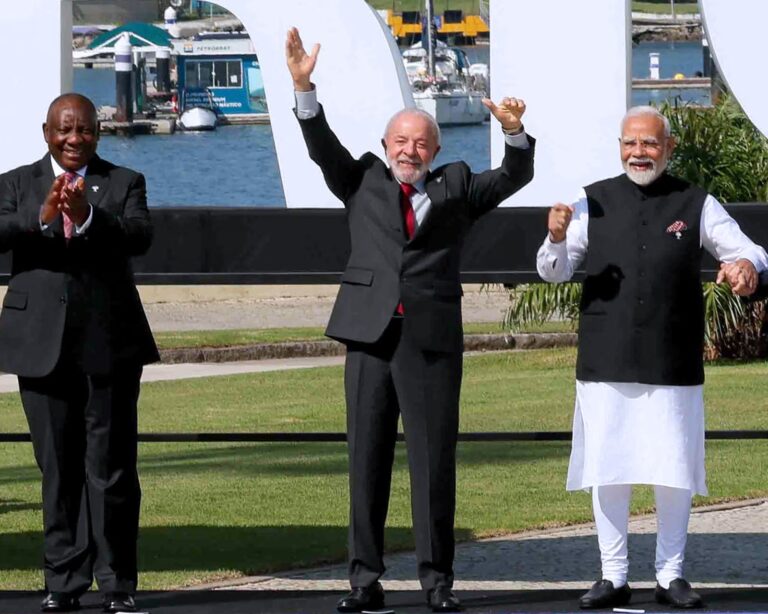 Leaders from three founding BRICS nations, South Africa’s President Cyril Ramaphosa, Brazil’s President Luiz Inácio Lula da Silva, and India’s Prime Minister Narendra Modi, gather outside Rio’s Museum of Contemporary Art during the 2025 summit, as the bloc confronts global crises and internal divisions.