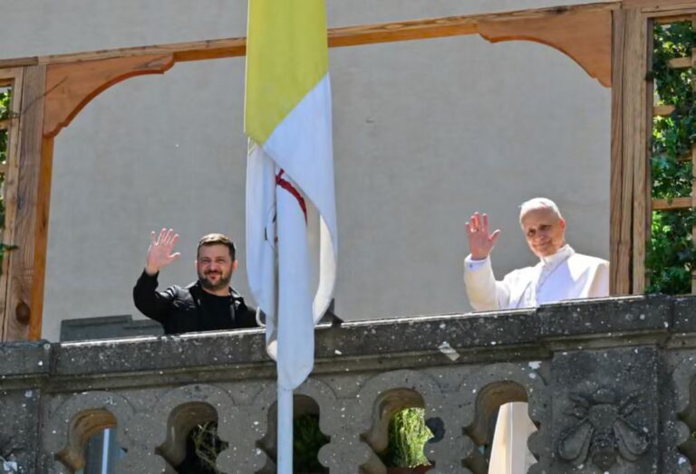 Zelensky and Pope Leo XIV stand on a balcony for a private audience at Ville Pontificie di Castel Gandolfo.
