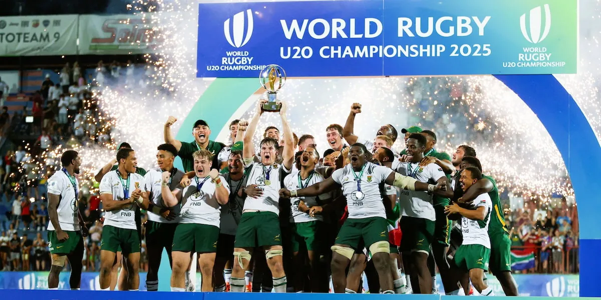 The Junior Boks celebrate their U20 Championship win after a tough clash with New Zealand in Rovigo, Italy. Source image: SA Rugby