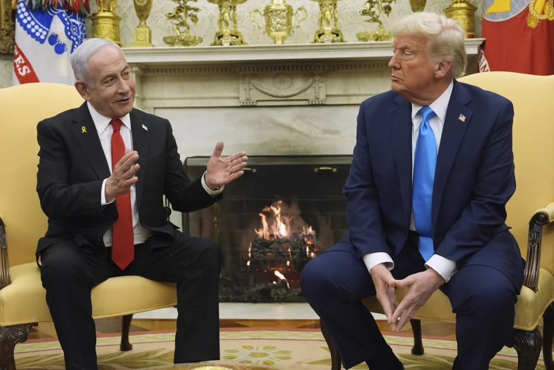 Israeli Prime Minister Benjamin Netanyahu meets with US President Donald Trump in the Oval Office of the White House. The leaders are set to discuss Israeli hostages in Gaza and US tariffs. C redit: Evan Vucci/AP