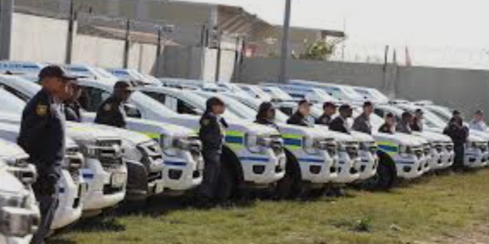 Western Cape police officers stand near a fleet of police vehicles. Image: SAPS shared via X @SAPoliceService