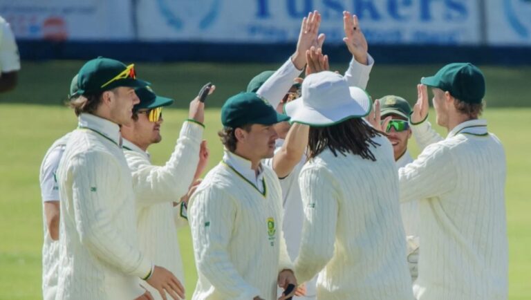 Corbin Bosch celebrates his five-wicket haul in Bulawayo, capping a match-winning century and career-best performance. Image: SA Cricket Mag.