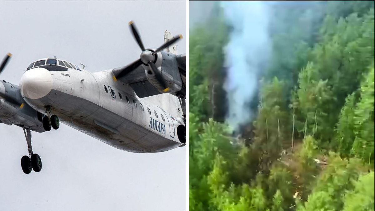 An An-24 aircraft of Angara Airlines, the same model that crashed in Amur region of Russia. (Right) Aan aerial view of the crash site of the Antonov AN-24 passenger plane outside the town of Tynda.