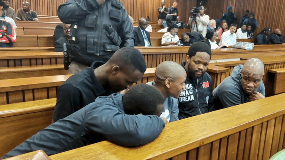 Muzi Sibiya, Bongani Sandiso Ntanzi, Mthobisi Prince Mncube, Mthokoziseni Ziphozonke Maphisa, and Fisokuhle Nkani Ntuli — the five men accused in the Senzo Meyiwa murder trial. [ENCA]