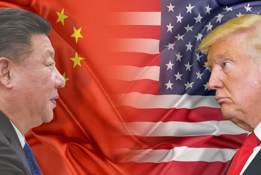 Chinese President Xi Jinping and U.S. President Donald Trump, set against their national flags, embody the escalating tensions over American farmland acquisition and renewed trade tariff threats.