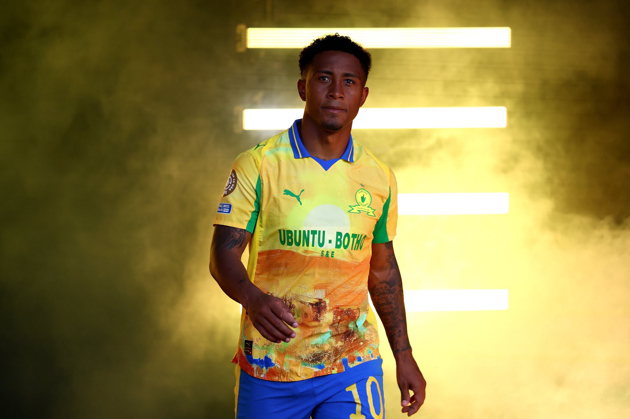 Lucas Rebeiro Costa displaying Mamelodi Sundowns 2025/26 season kit.