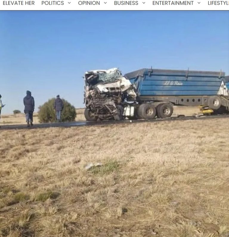Damaged truck involved in a crash with SAPS transport vehicle.