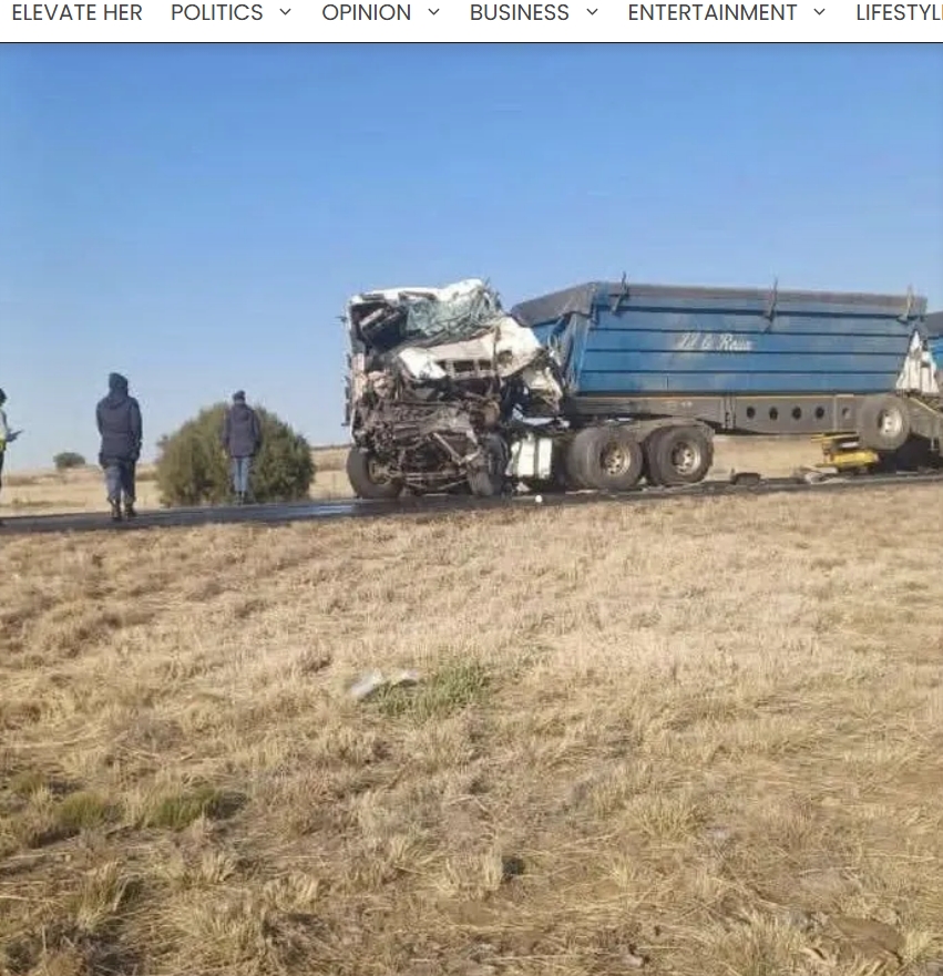 Damaged truck involved in a crash with SAPS transport vehicle.