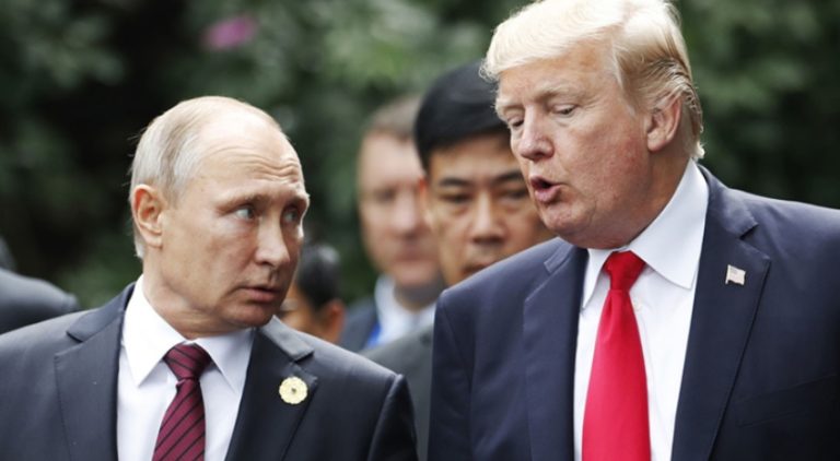 U.S. President Donald Trump and Russian President Vladimir Putin walking together in a serious discussion over land swap deal with Ukraine.