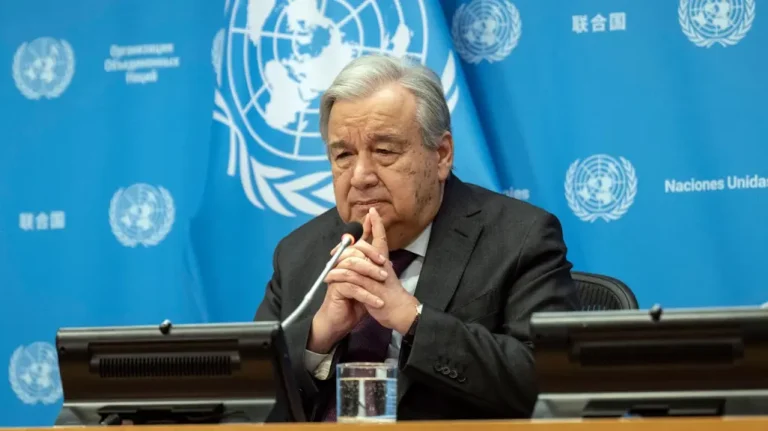 Picture: AFP UN Chief Secretary-General Antonio Guterres at a press conference with a blue United Nations backdrop, speaking solemnly about the Gaza crisis.