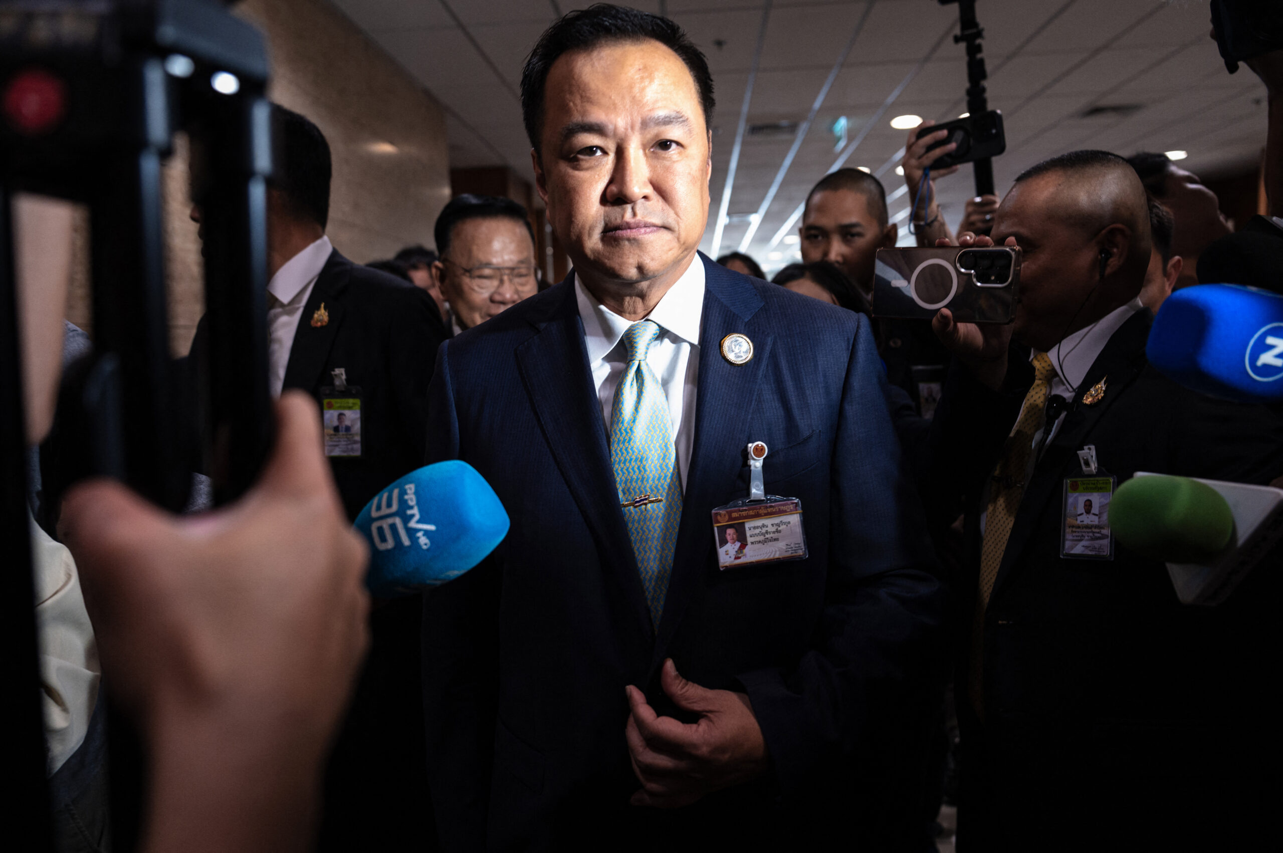 Anutin Charnvirakul addressing press after Thailand's parliament vote